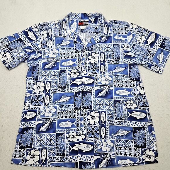 Tommy Fashion Hawaii Shirt XL Extra Large Blue Aloha Fish Turtle Floral Hawaiian - Picture 1 of 6